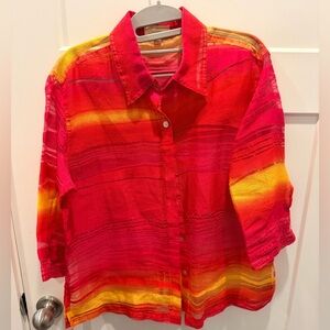 Choices Sheer Button-Front Blouse Medium Red Orange Stripe Lightweight